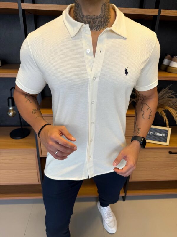 CAMISA POLO RALPH. MANGA CURTA OFF WHITE LOGO MARINHO